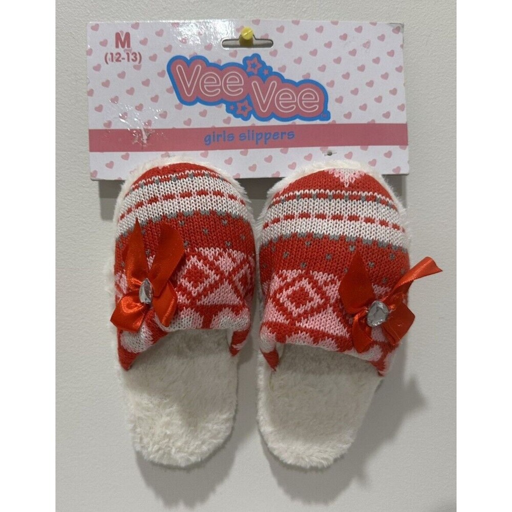 Vee Vee girl size M 12/13 slip on red slippers geometric heart print and bow
